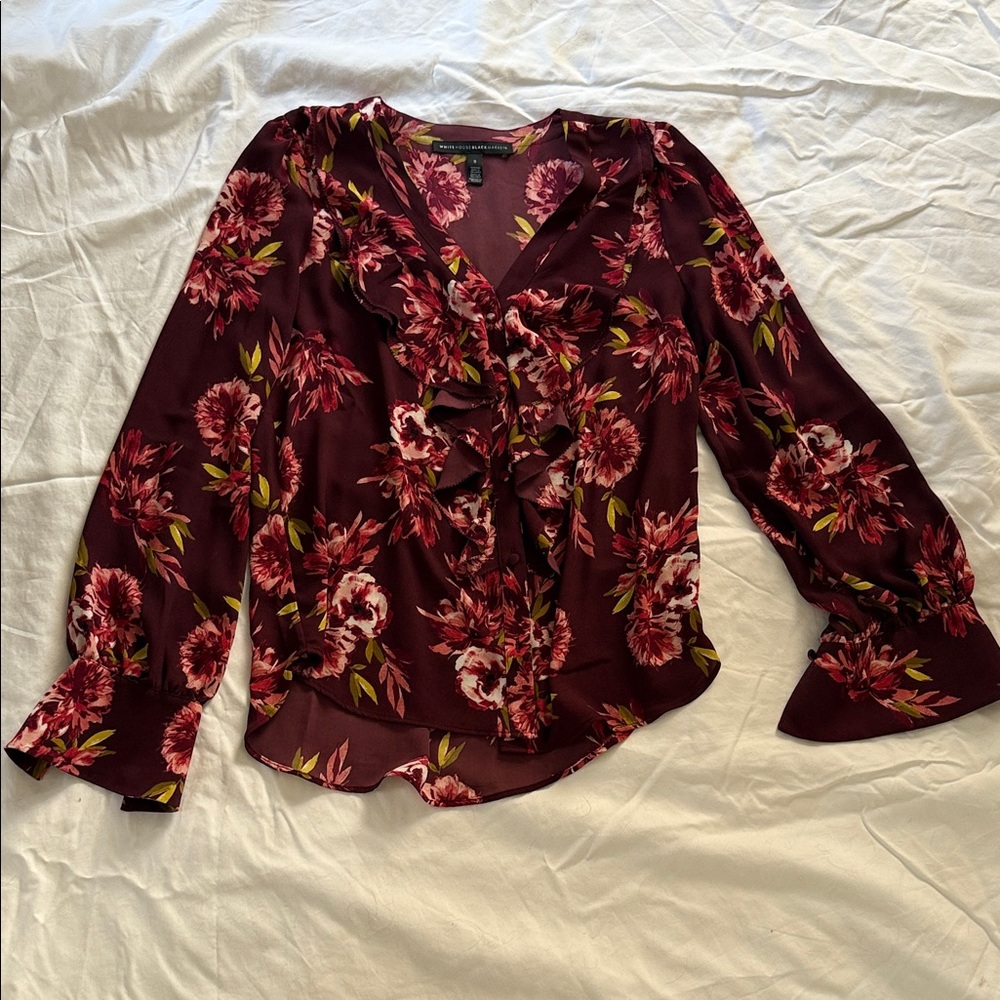 White House Black Market Burgundy Floral Blouse